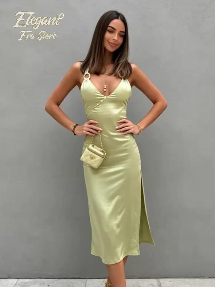 Robe Midi Femme en Satin Vert Clair