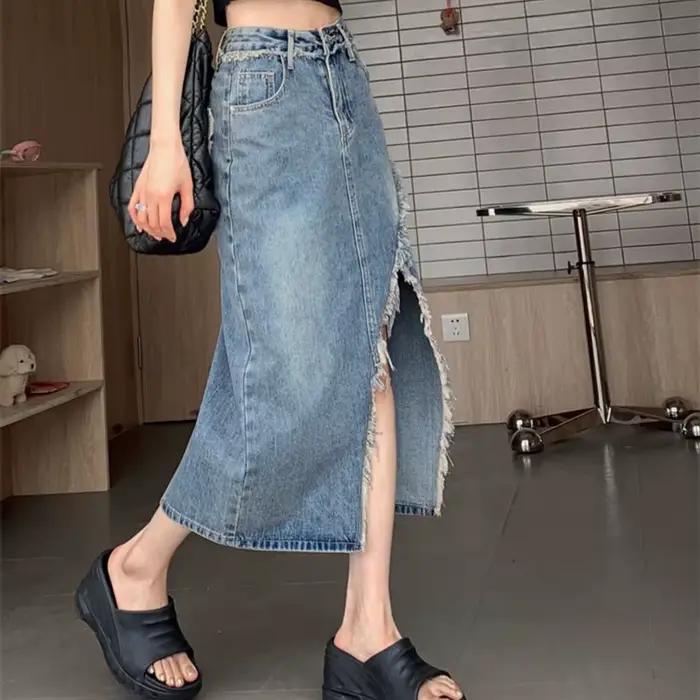 Coréen avant fendu Denim jupe longue femmes 2025 été taille haute une ligne jean jupes femme Streetwear poche une étape