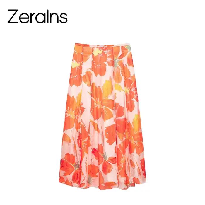 ZEAINS Nouvelle Collection Été 2026 – Jupe Mi-Longue Évasée Imprimée Fleurs Style Vacances pour Femme