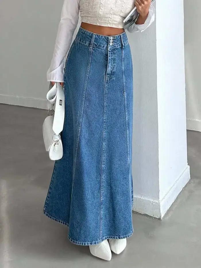 Jupe midi longue en jean pour femme pour les saisons de printemps et d'automne. Convient pour diverses occasions telles