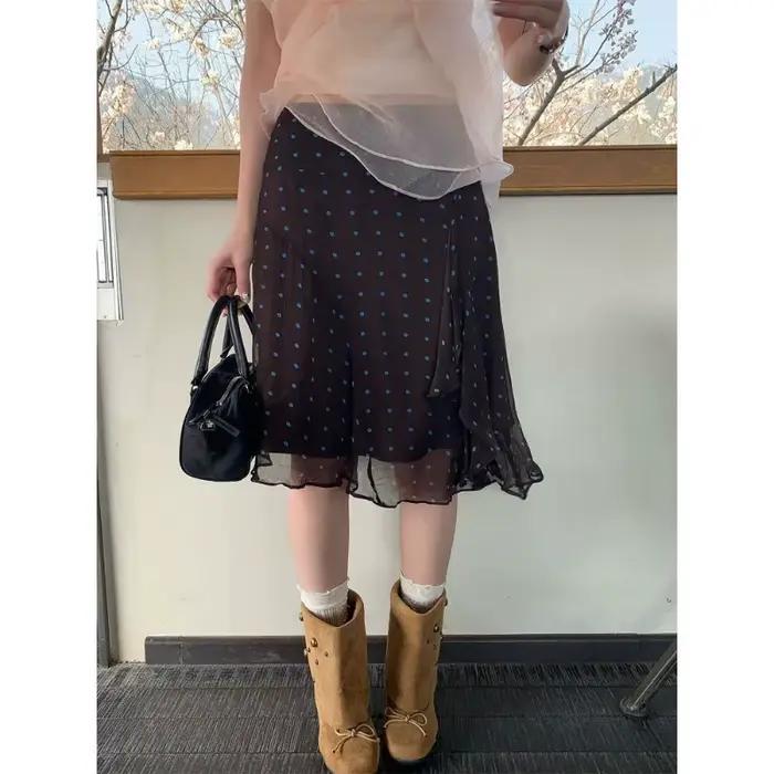 Jupe midi en mousseline de soie transparente à volants irréguliers et imprimé pois taille haute pour femme