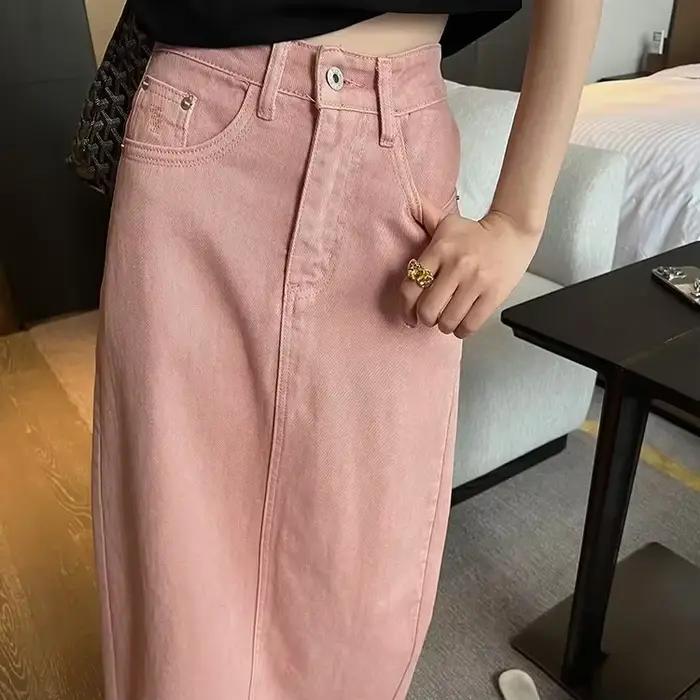 Jupe en jean rose taille haute pour femmes, style paresseux rétro, mince, mode coréenne, jupes longues fendues polyvalentes, décontracté, été, nouveau