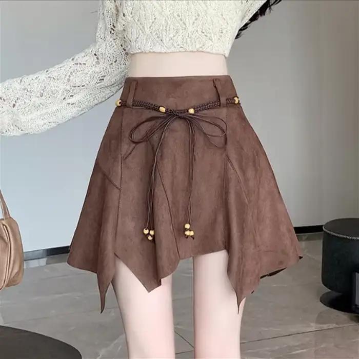 Jupes irrégulières fille jupe courte Vintage daim Midi taille haute jupe trapèze coquine Multi ceinture pantalon de sécurité jupe intégrée