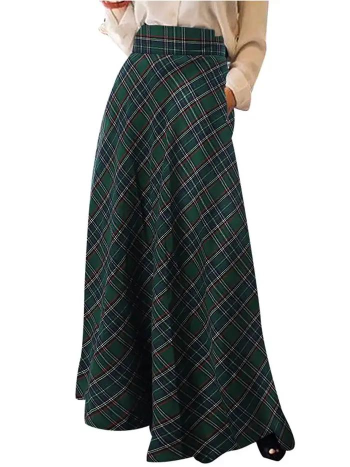 Mode femmes à carreaux Jupe longue Vintage automne Robe d'été ZANZEA décontracté taille haute a-ligne Faldas Saia ample
