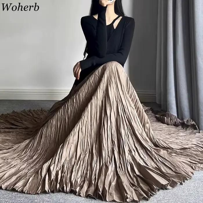 Solide plissée Vintage Jupe femmes 2025 Faldas Mujer De Moda taille haute grande balançoire