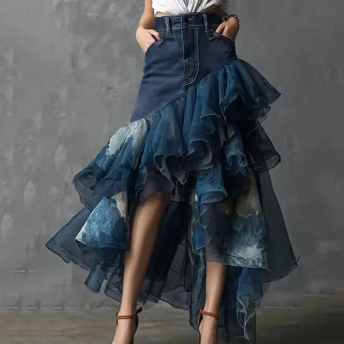 Jupe longue asymétrique en jean et tulle à volants pour femme