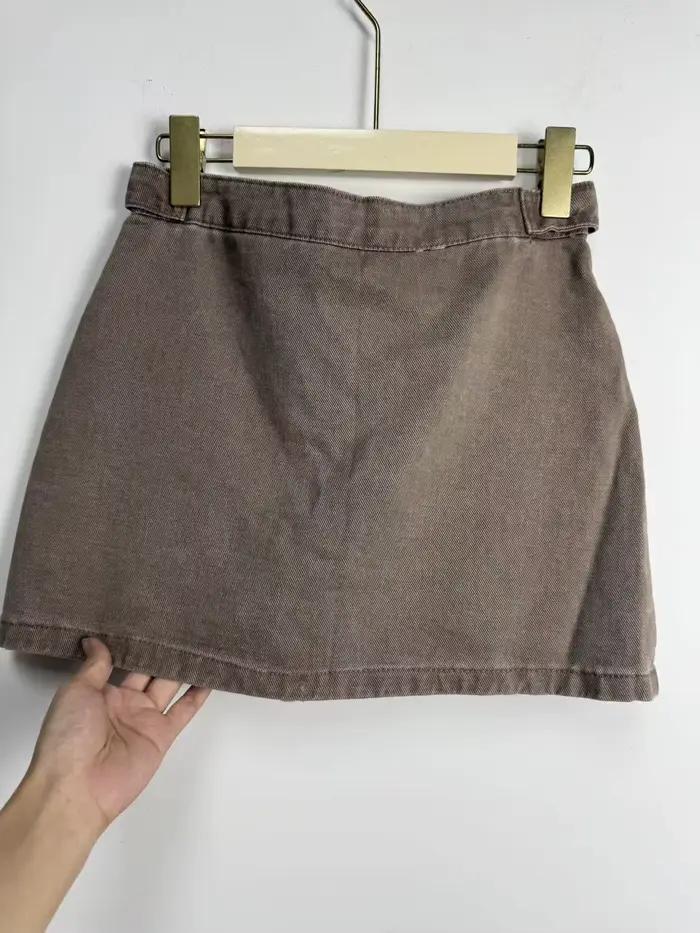 Jupe en jean taille haute couleur café coupe trapèze pour femme