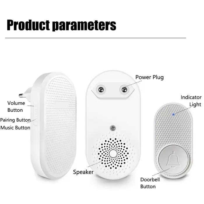 Sonnette sans fil pour maison intelligente, télécommande longue Distance de 200m, sonnette de porte de bienvenue multi-tons, réglage du Volume, prise ue US blanche
