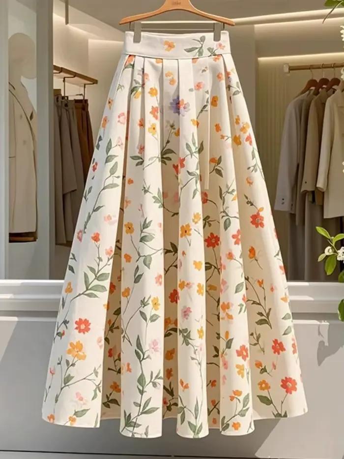 Jupe longue florale élégante pour femme, taille haute, décontractée, style coréen, printemps-été, polyvalente