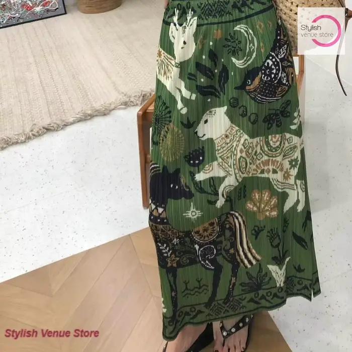 Jupe décontractée droite pour femme, style coréen, verte, motif dessin animé, design estival, taille haute, fendue, imprimé contrastant, élégante