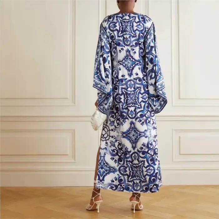 Jupe longue élégante à motif rétro imprimé pour femmes, tenue de soirée élégante, col rond, manches chauve-souris, ample, nouveau Style d'automne