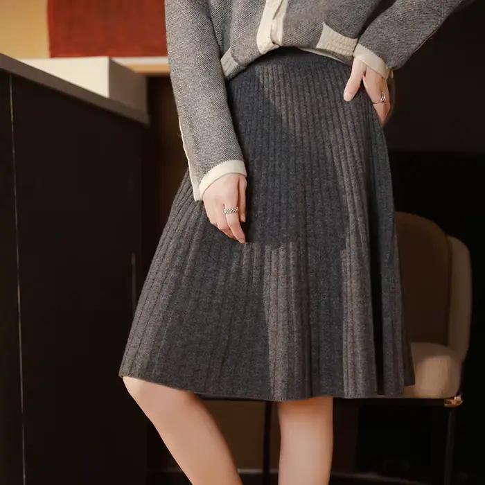 Femmes élégantes 100% laine tricoté jupe mode coréenne solide décontracté une ligne dames plissée