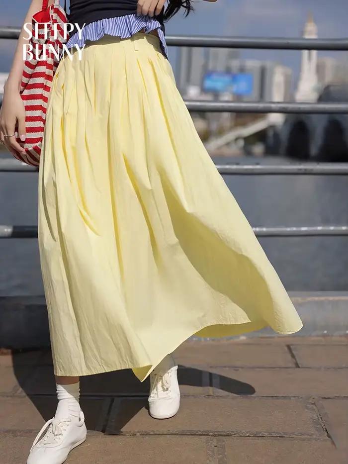 Femmes taille haute élastique a-ligne jupe Midi été fluide
