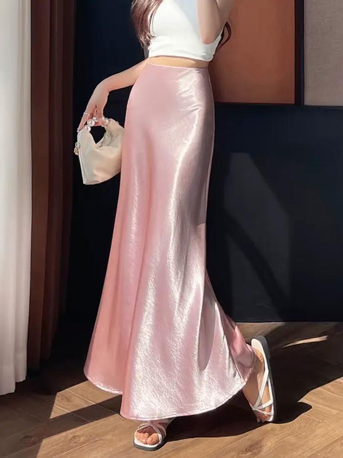 Zoki Chic Satin élégant jupe longue femmes décontracté mode taille haute doux trompette jupes mince été femme coréenne