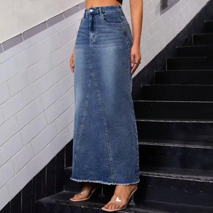 Jupes femmes Denim jupe longue hanche enveloppement taille haute poches extensibles lavé femme été Streetwear Vintage une ligne en détresse 2025