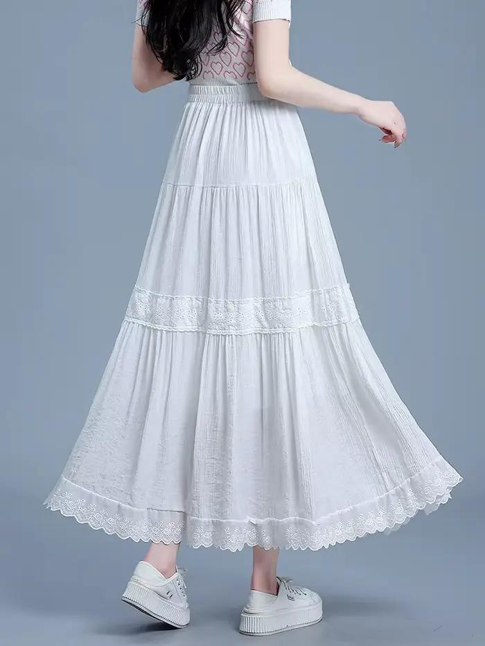 ZUZK grande balançoire conception mi-longue jupe femmes taille élastique 2025 Goth Lolita été dentelle épissage évider jupes plissées rok