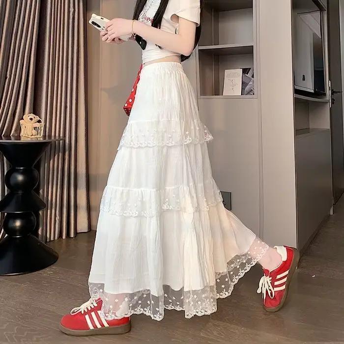 Jupes longues en tulle pour femmes, taille haute élastique, avec patchwork de dentelle, jupe à volants blancs, style A-line plissée et moelleuse