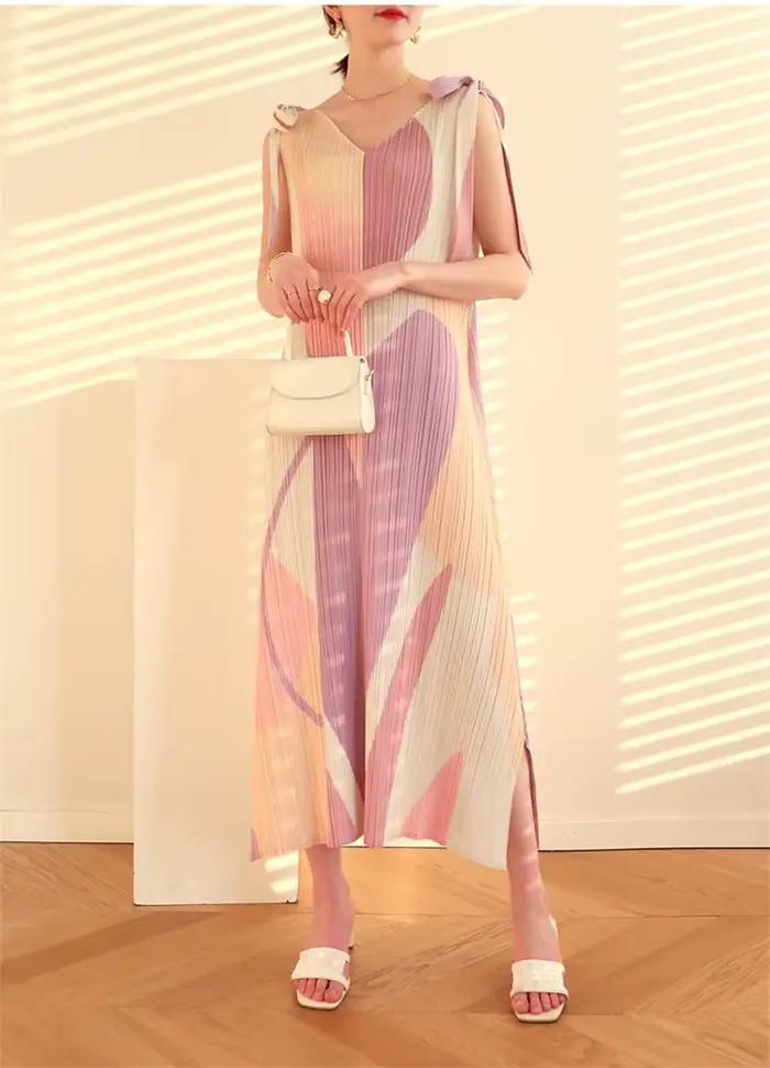 Robes longues robes de soirée sangle Xia Xin imprimé ourlet en forme de A fendu col en v robe ample sans manches ruban longue jupe féerique