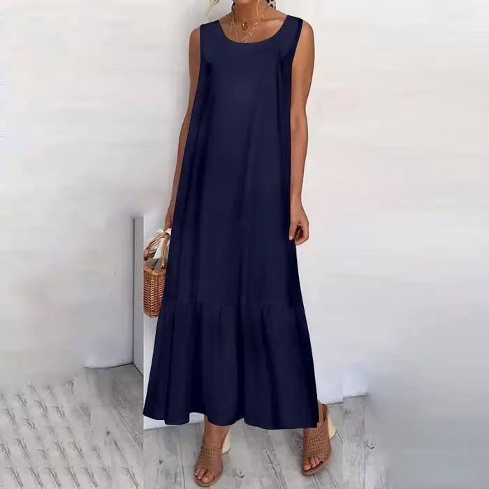 Nouvelles robes 2025 femme mode été couleur unie coton-lin sans manches grande taille femmes ample robe longue jupe