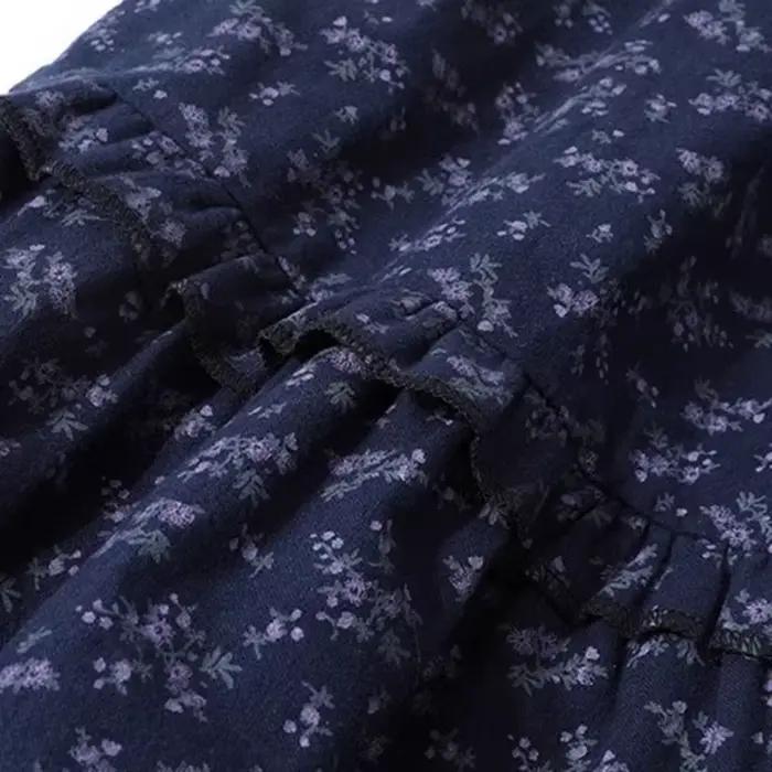 Nouveau élégant bleu foncé à fleurs femmes taille haute rétro bleu jupe florale femme a-ligne jupe décontracté paresseux vent jupe longue