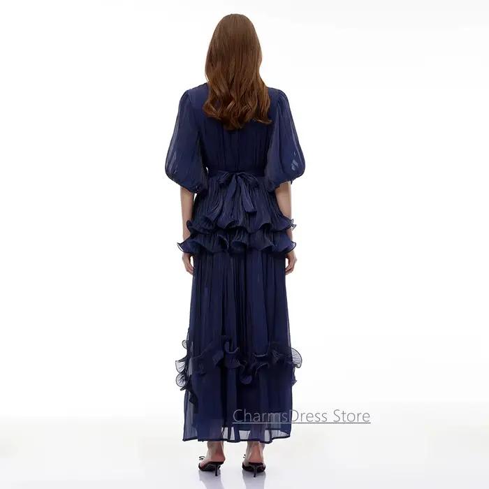Robe de soirée marine personnalisée, col rond, manches bouffantes, perles, volants, plissée, coupe trapèze, longueur cheville, pour bal de promo