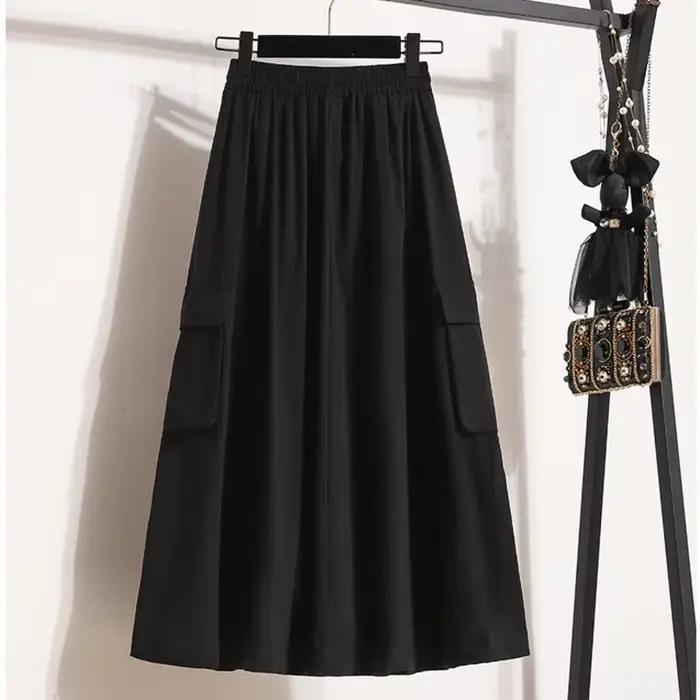 # Jupes cargo d'été 1708 pour femmes, jupes trapèze à poches latérales, jupes midi amples style streetwear, taille élastique, style français