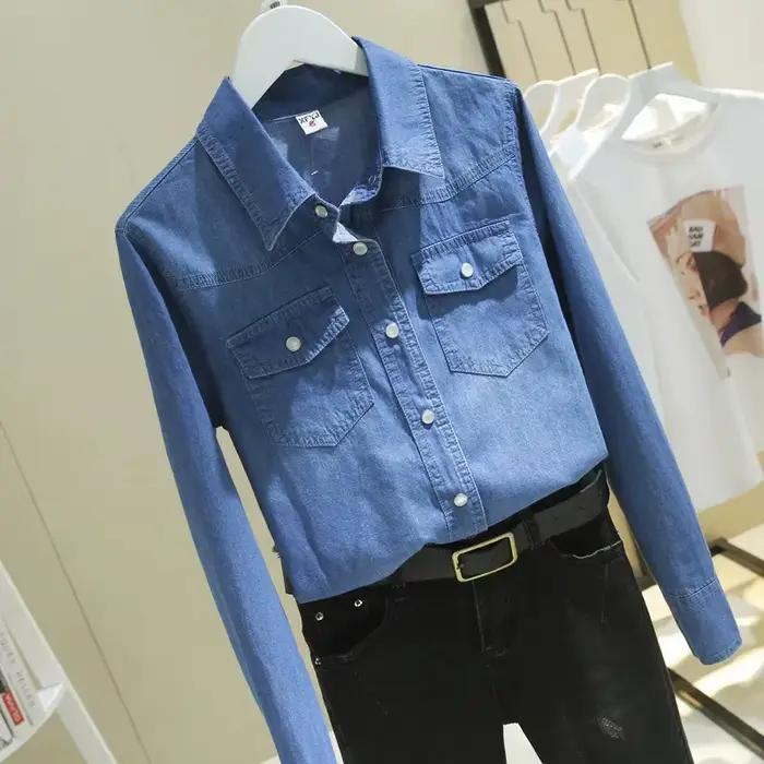Chemise en jean lavé à manches longues en coton pour femme – Nouvelle collection printemps-automne – Haut polyvalent et ajusté – Vêtement décontracté fin style cowboy