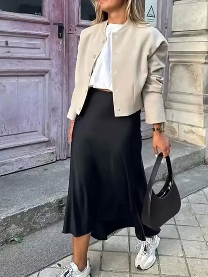 HH femmes élégant solide Satin jupe longue Chic Y2K taille haute jupes minces femme mode soie Texture dames serré