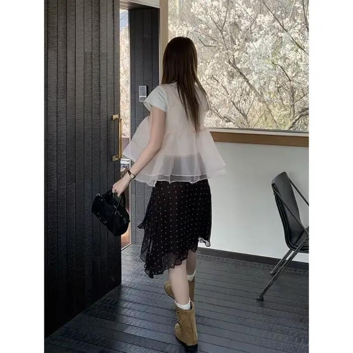 Jupe midi en mousseline de soie transparente à volants irréguliers et imprimé pois taille haute pour femme