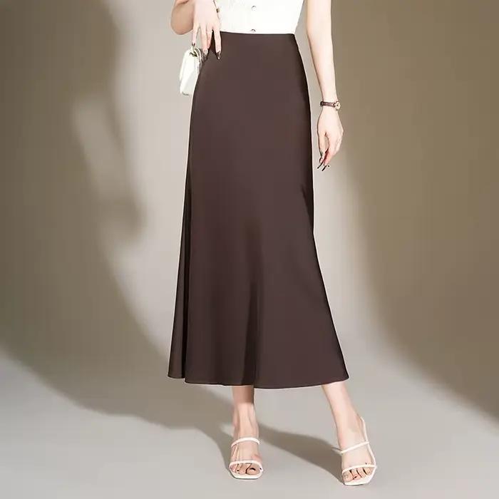 Jupe longue en satin ZUZK pour femme, taille haute, couleur café, élégante pour soirées et bureau, mince, vintage, festival, été