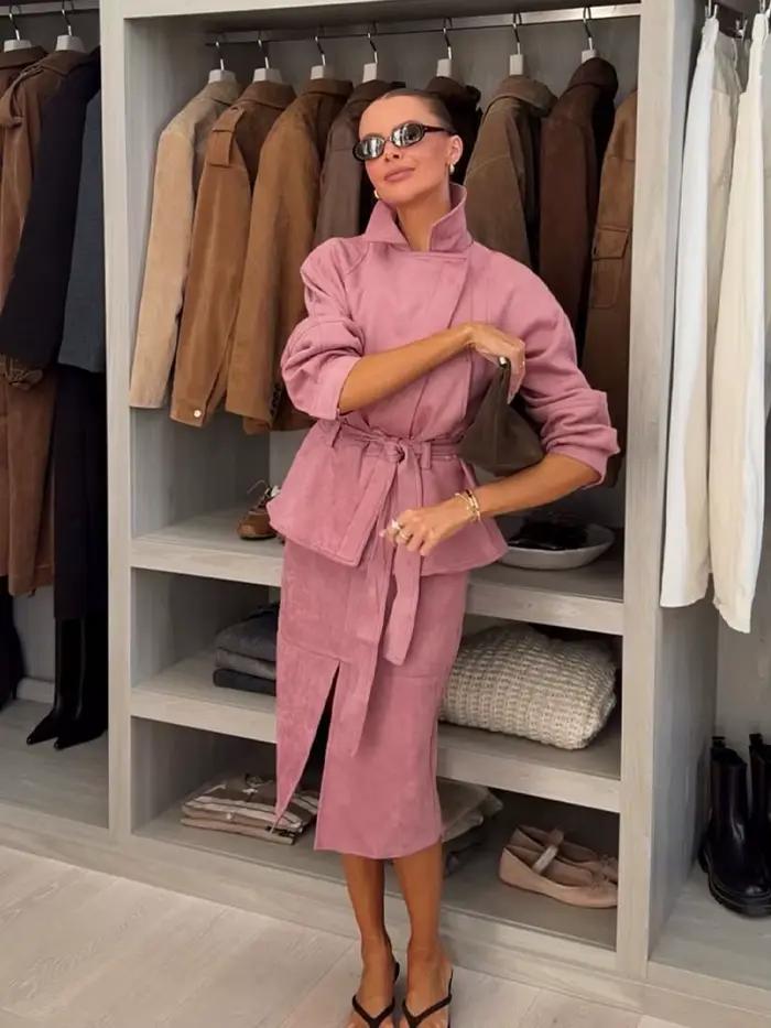 Ensemble jupe et veste courte asymétrique à fermeture éclair et ceinture pour femme HH