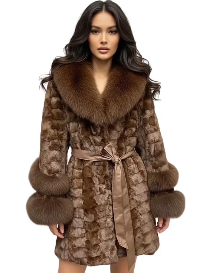 Manteau en fourrure de vison véritable pour femmes, veste avec col en fourrure de renard, pardessus Long élégant de luxe