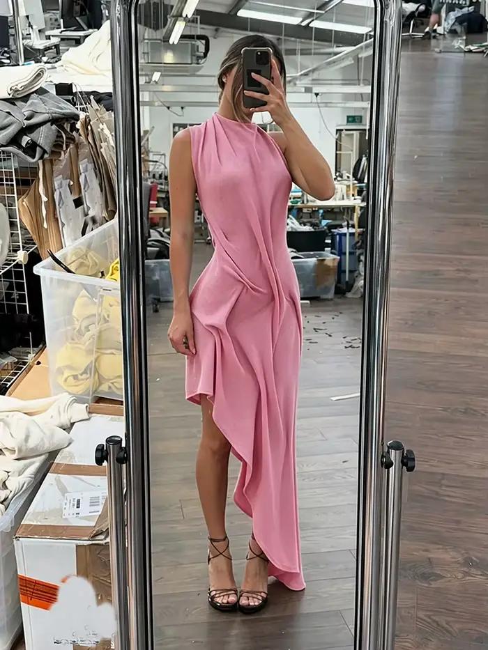 Nibber dos nu longue robe femme froncé élégant été tendance o-cou sans manches sexy ourlet irrégulier soirée bal