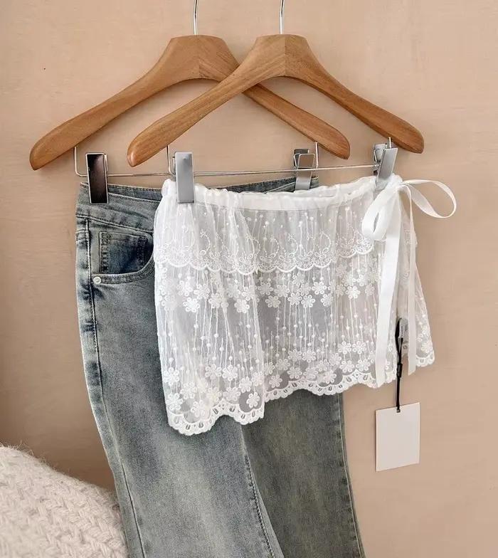 Chaud! Jupe courte trapèze taille haute, sweat-shirt, rideau de fesses, vêtements superposés, demi-jupe, garniture en dentelle, couverture inférieure, faux ourlet