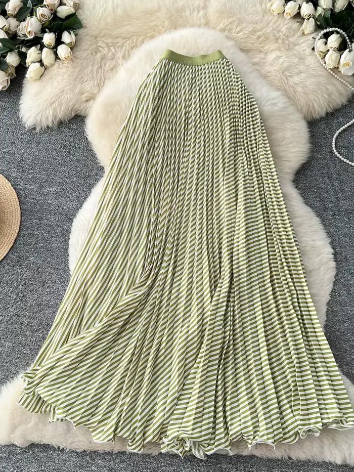 Jupe plissée rayée pour femme, coupe trapèze, taille élastique, ourlet festonné, élégante, printemps-été, couleurs bonbon, SK077