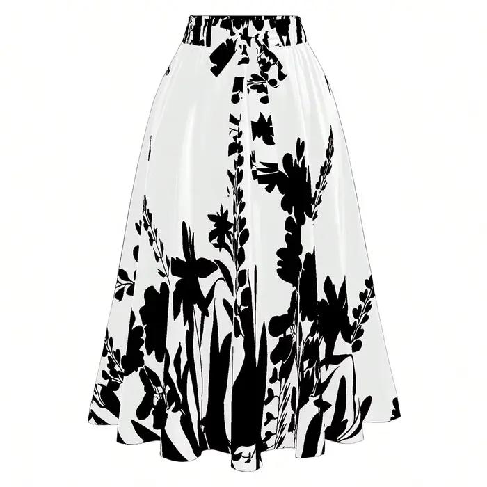Jupe midi à imprimé floral taille haute pour femme - Jupe évasée noire et blanche avec ceinture élastique pour l'été et le printemps