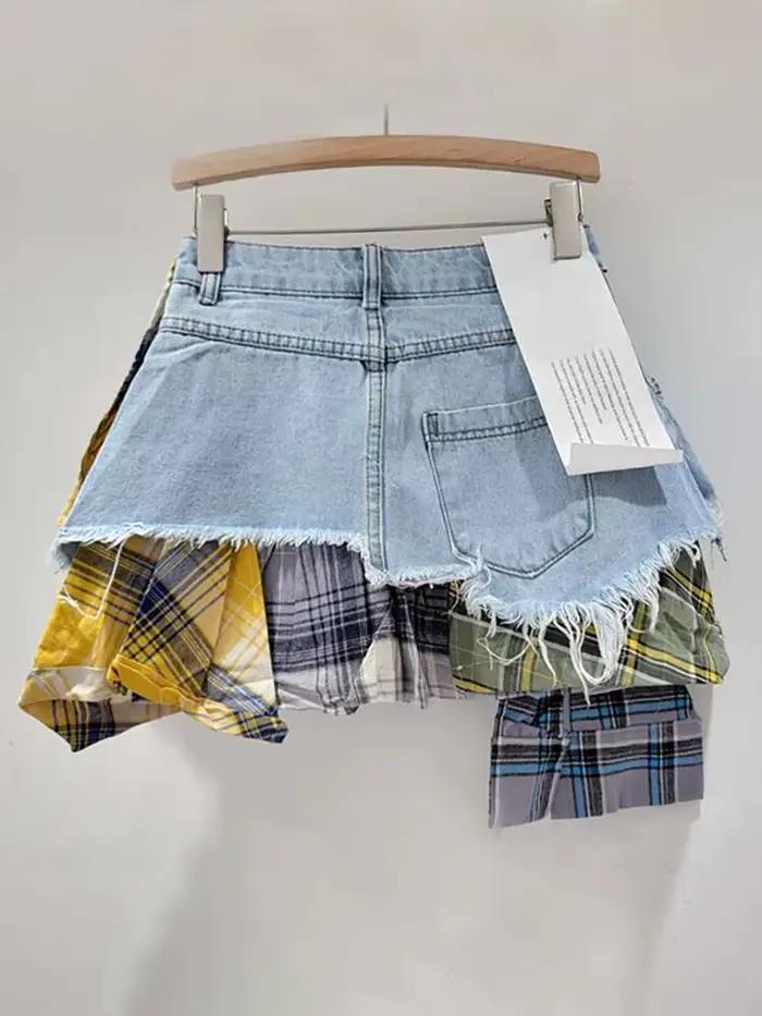 DEAT – jupe en jean pour femmes, Patchwork à carreaux colorés, déconstruit irrégulier, ligne a, taille haute, Mini jupe, nouvelle mode printemps 2026