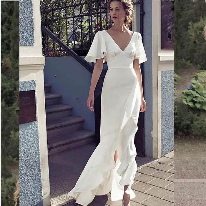 Robe De Mariée Satin Simple Décolleté En V Manches Courtes Dos Nu Sirène Fente Devant Longueur Sol Minimaliste Robes De Mariage Élégantes Romantiques Pour Les Mariées Blanches Féminines Luxe Traîne Vo