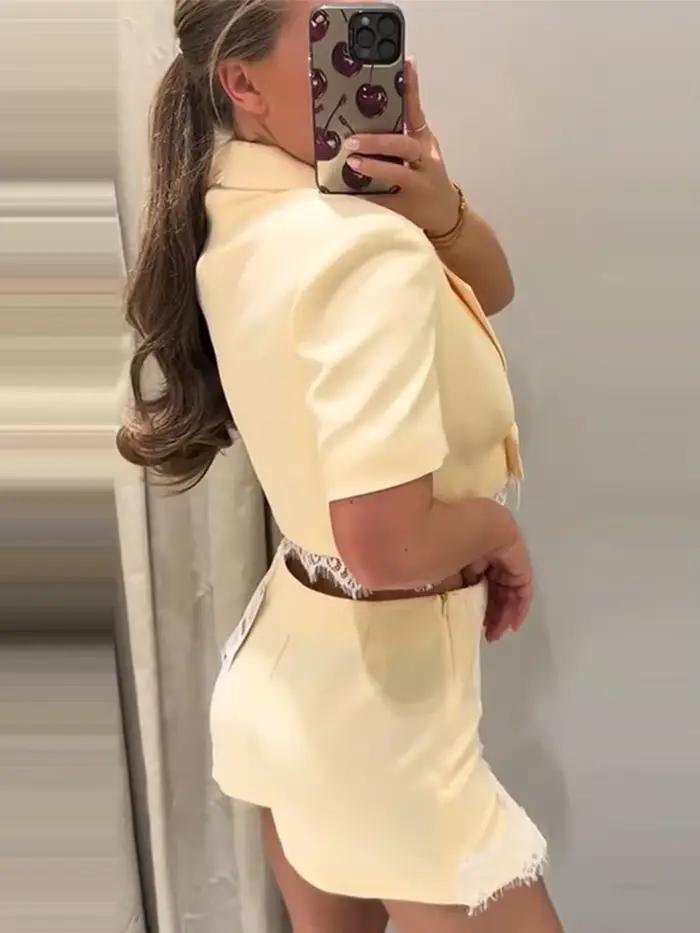 Nouveaux ensembles jupe et manteau pour femme, avec empiècements en dentelle, col à revers, manches courtes, patte de boutonnage latérale, manteaux courts et jupes mini évasées, tenues chic pour le bu