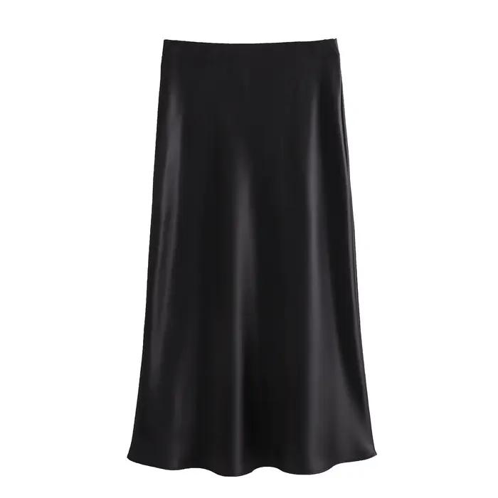 Jupe longue midi en satin de soie texturé