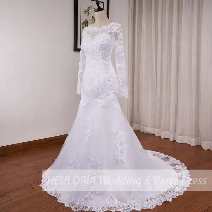 Robes de mariée sirène à manches longues col rond Robe de mariée blanche dentelle applique perles Robe de mariée Robe de mariage personnaliser