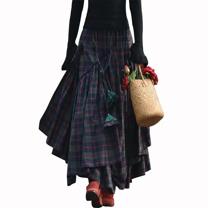 Jupe longue tartan taille haute rétro pour femmes, jupe évasée Maxi à carreaux, mode vintage, printemps, automne, 2024