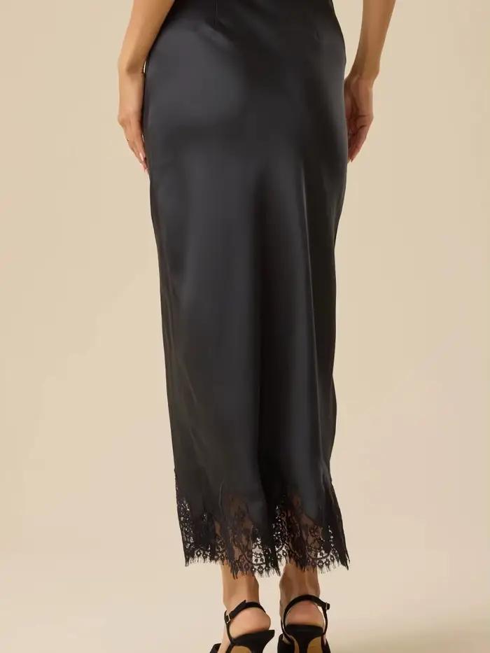Femmes demi-glissement jupes longues dentelle garniture Satin jupe Midi une ligne fluide soyeux Maxi