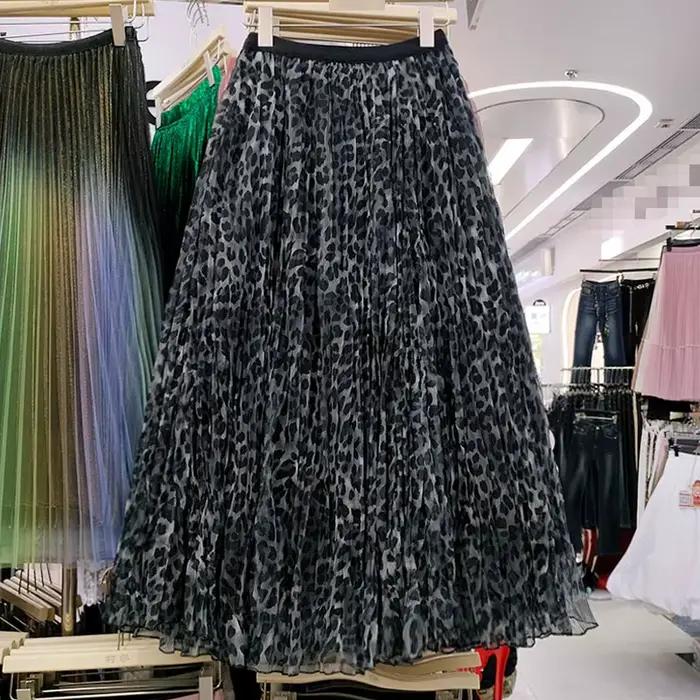Jupe en tulle à imprimé léopard tendance, jupe plissée mi-longue taille haute, jupes mi-longues pour femmes, nouvelle arrivée automne-hiver