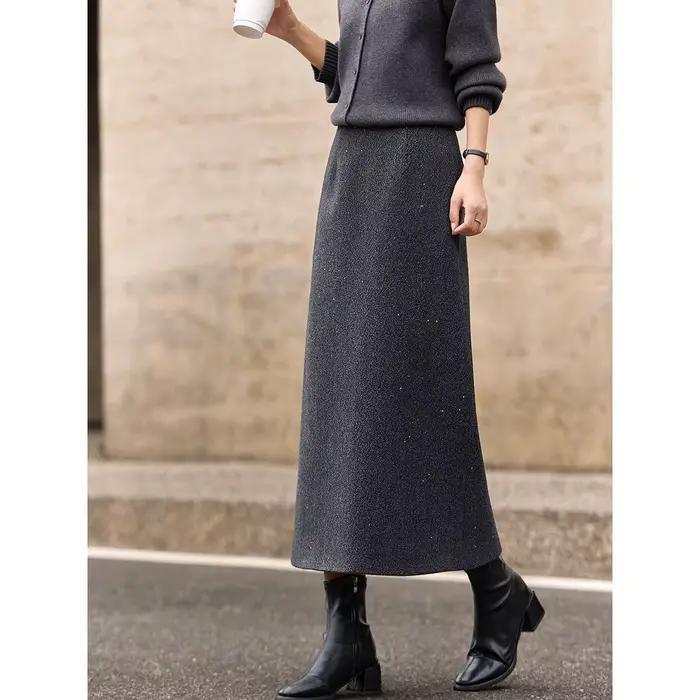 Jupe simple VIMLY pour femme, collection Printemps-Automne 2026, gris, paillettes fines, décontractée, taille élastique, coupe trapèze, longueur midi, vêtements féminins A3509