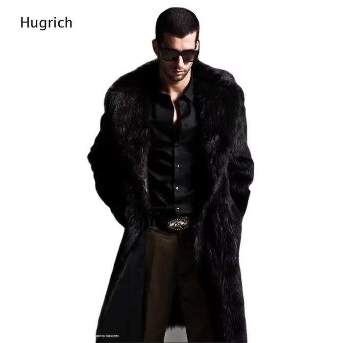 Manteau mi-long en fausse fourrure noire pour homme, col large à revers, ouverture sur le devant, veste d'hiver moelleuse