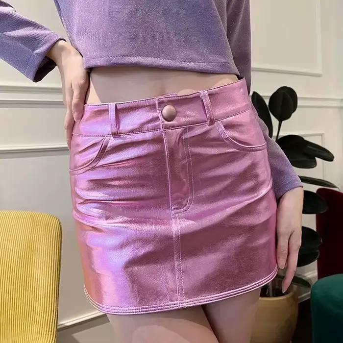 Mini jupes en cuir verni brillant pour femmes, taille haute, ligne A courte, vêtements sexy, été, automne, rose, argent, coulée, Y2K