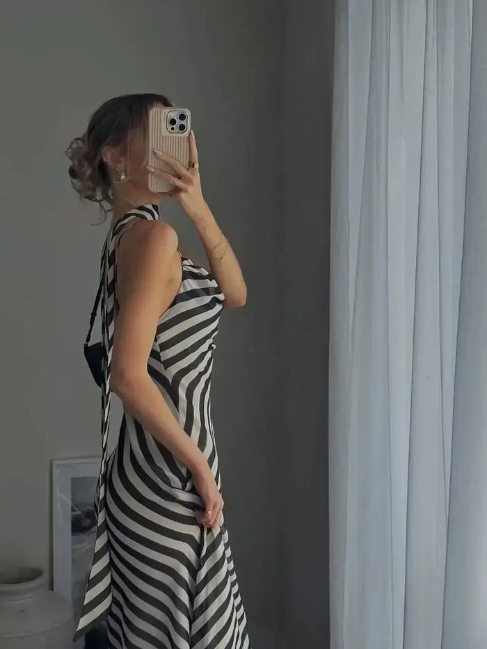 Robe longue d'été pour femme, nouvelle collection, imprimé rayé, col foulard chic, bretelles spaghetti, robe de soirée