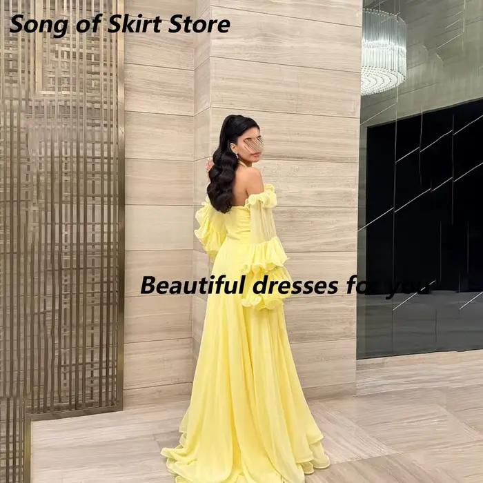 Robe de soirée jaune à épaules dénudées, en mousseline de soie, à manches longues et à volants, coupe trapèze, longue, pour soirée formelle ou invitée de mariage, personnalisable
