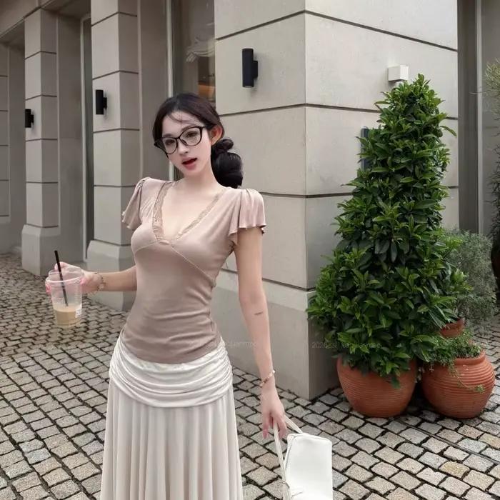 Jupe mi-longue en tulle multicouche style coréen Audrey Tianli pour femme – Jupe amincissante décontractée pour l'été – Tendance estivale